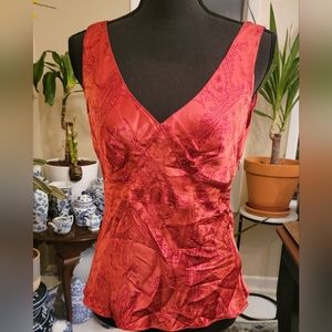 The Limited Silk Orange V-Neck Tank w Tonal Floral Scroll Detail M